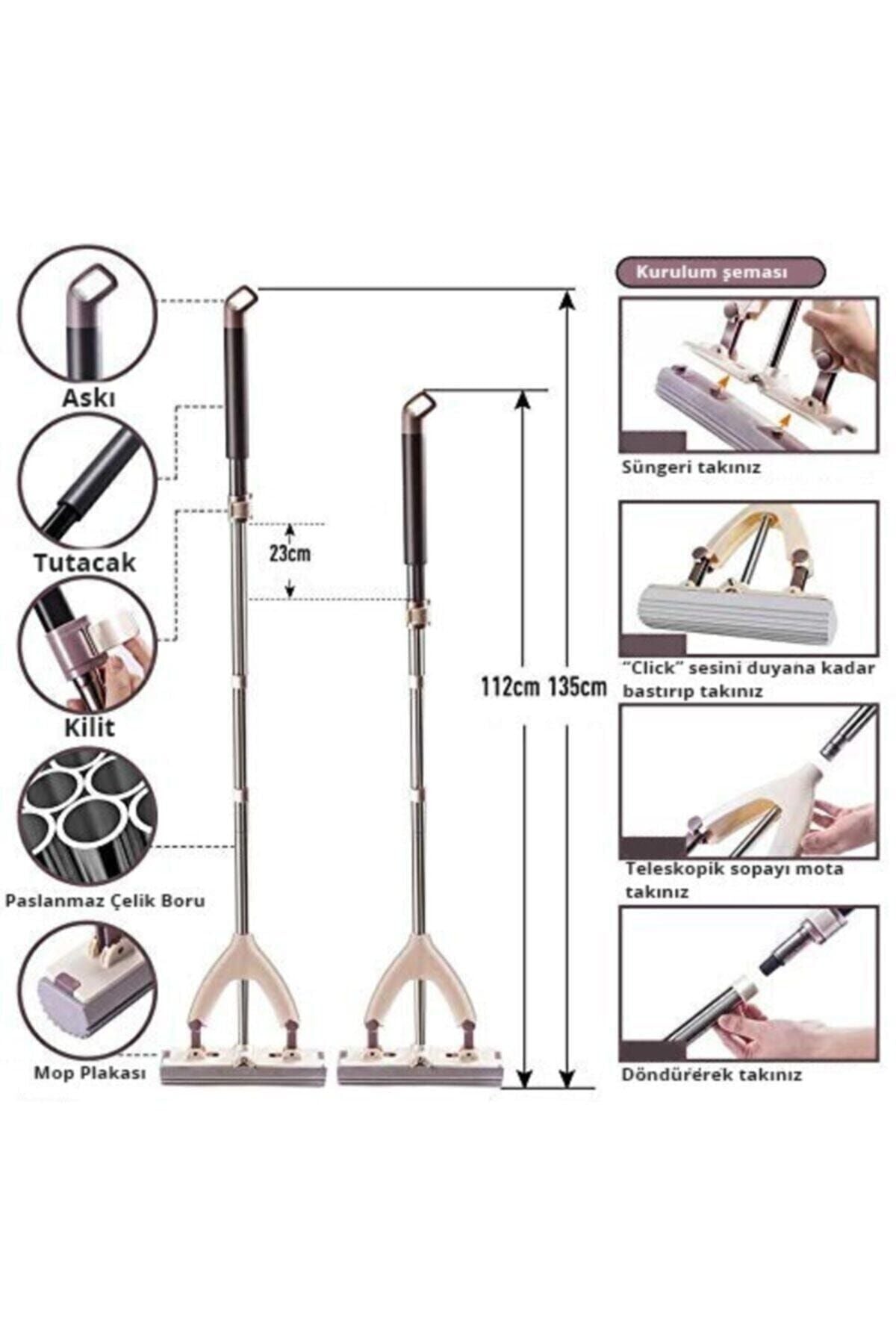 Pva Sünger Paspas Seti - 2 Yedek Süngerli - Kelebek Mop Tablet Mop