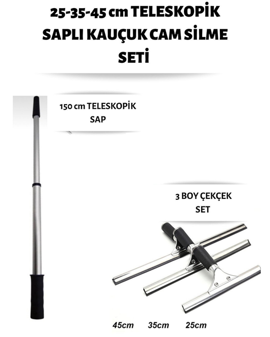 Cam Silme Seti 3 Boy Çekçek 150 cm Metal Teleskopik Sap