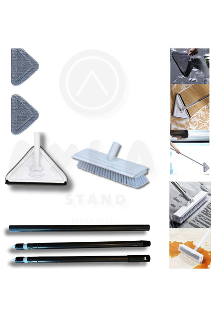 Set Üçgen Cam Duvar Yüzey Cam Silme Paspas Mop Sert Kıllı Çekçekli Fırça Başlık Tek Sapılı