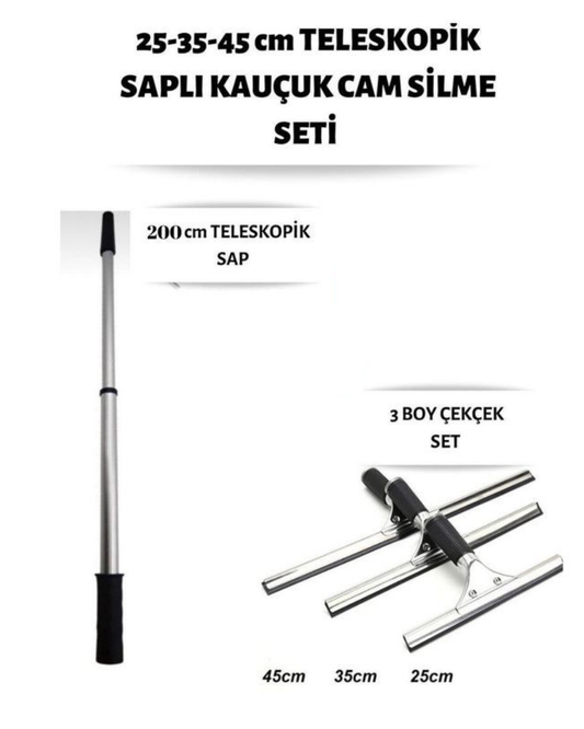 Cam Silme Seti 200 Cm Teleskopik Saplı 3 Boy Çekçek Pratik Kullanışlı Pencere Yıkama