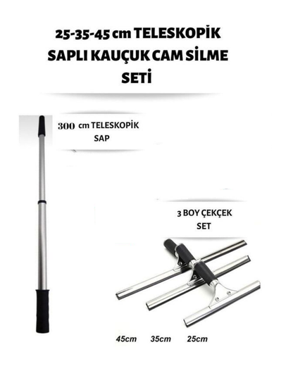 Cam Silme Seti 300 Cm Teleskopik Saplı 3 Boy Çekçek Pratik Kullanışlı Pencere Yıkama