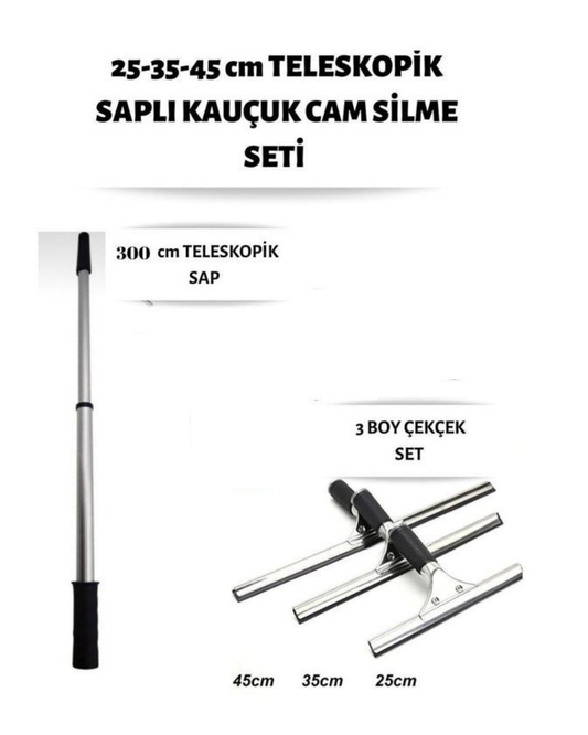 Cam Silme Seti 300 Cm Teleskopik Saplı 3 Boy Çekçek Pratik Kullanışlı Pencere Yıkama
