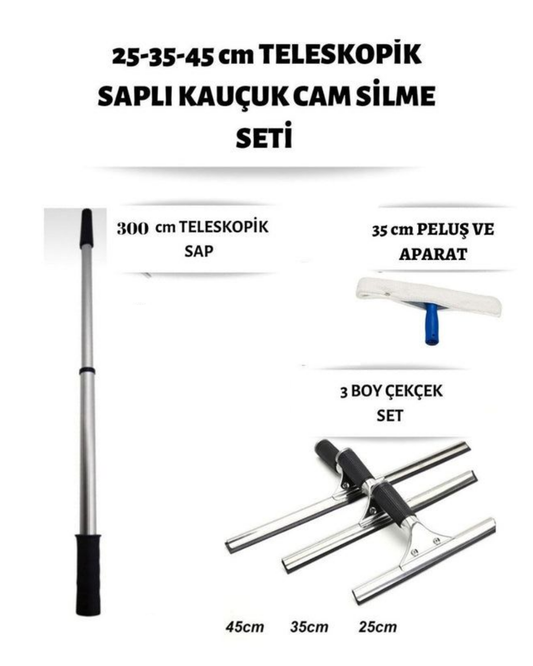 Cam Silme Seti 300 Cm Teleskopik Saplı 3 Boy Çekçek ve 35 cm Peluş ve Aparatı