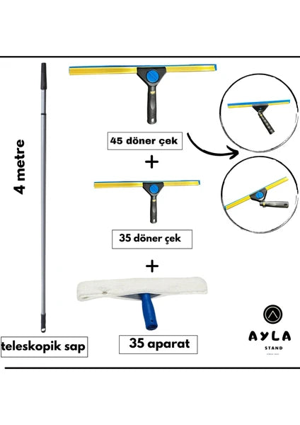 4 Metre Teleskopik Cam Silme Seti – Döner Başlıklı 45+35 cm Cam Çek + 35 cm Mop Ucu