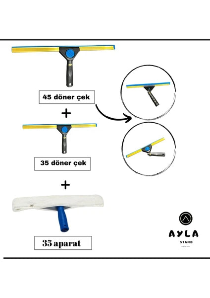 Cam Temizleme Seti – Döner Başlıklı 45 cm + 35 cm Cam Çek + 35 cm Mop Ucu